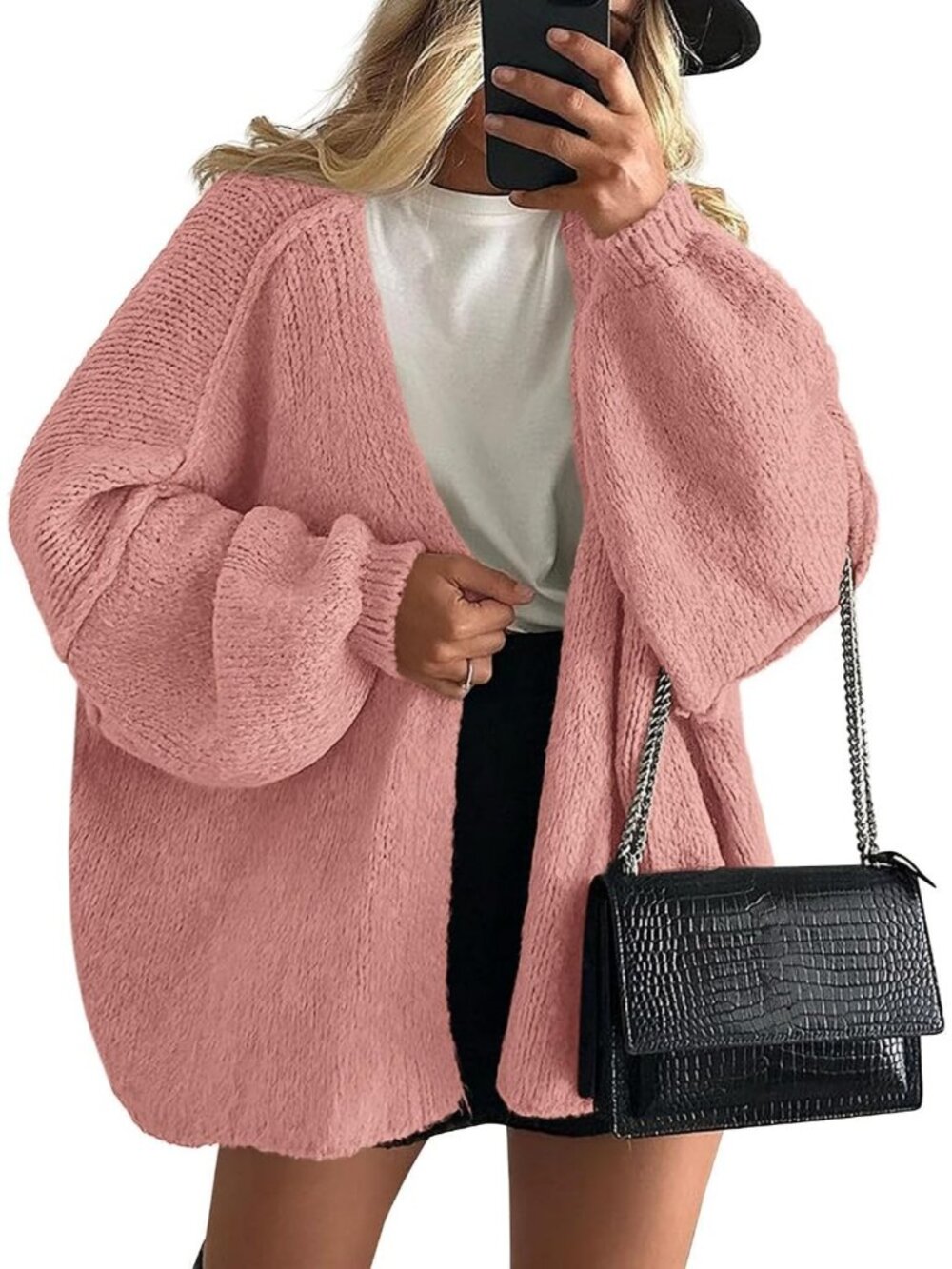 Women's Light Pink Soft Chunky Knit Baggy Loose Fit Open Front Oversized Sweater